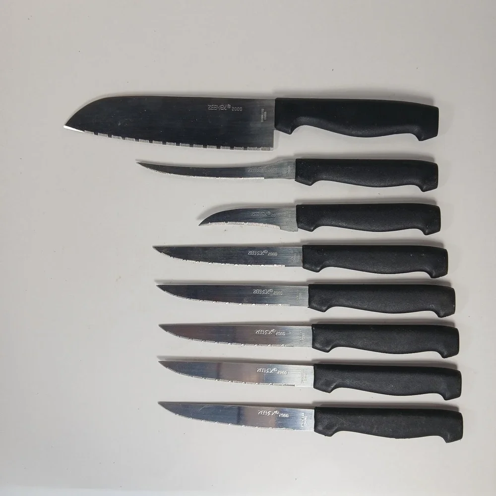 Zeemax 2000 Stainless Steel 8 Pc Kitchen Knife Set W/ Black Handles Serrated Vtg